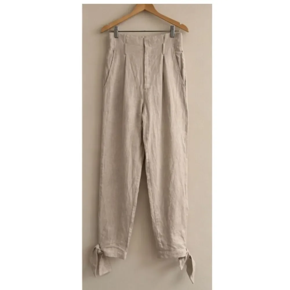 Reformation Linen Pants Size 2 Beige Oatmeal Ankle Tie 100% Linen